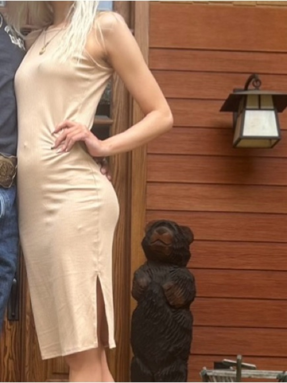 Pink Lily Beige Sleeveless Midi Dress with Side Slit